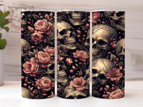 Skull and Roses 20 oz Skinny Tumbler Sublimation Design, Straight & Tapered Tumbler Png, Skull Flower Tumbler Png, Digital Download PNG Sublimation Lara' s Designs 