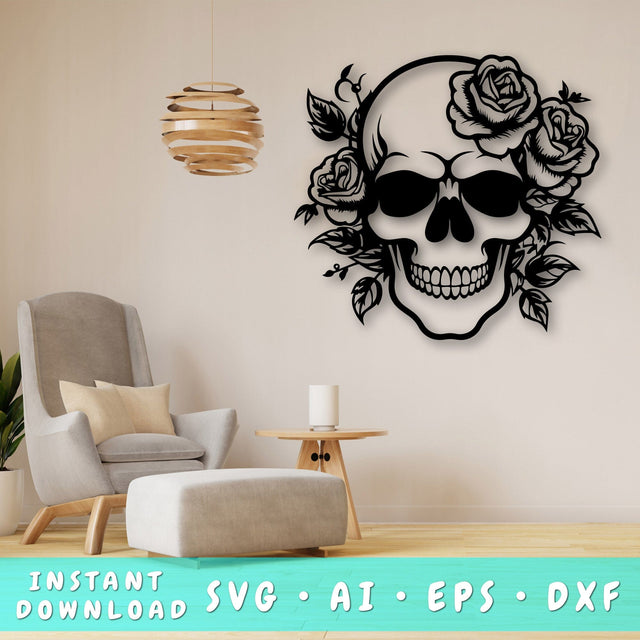 Skull And Roses Laser SVG Cut File, Skull And Roses Glowforge File, Skull And Roses DXF, Skull And Roses Wall Art SVG SVG HappyDesignStudio 