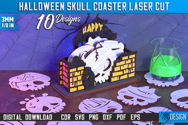 Skull Coasters Laser Cut Bundle | Drinks Coasters | Halloween Design | Seasonal Coasters | CNC Files SVG Fly Design 