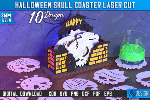 Skull Coasters Laser Cut Bundle | Drinks Coasters | Halloween Design | Seasonal Coasters | CNC Files SVG Fly Design 