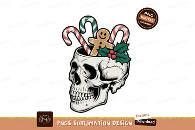 Skull filled with Christmas treats gingerbread candy Sublimation Designangry 