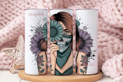Skull Girl Sunflower 20oz Tumbler Wrap Sublimation DesignSVG 