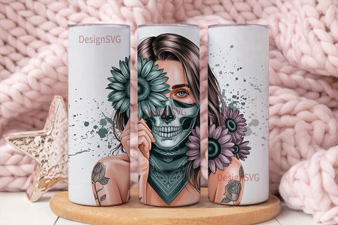 Skull Girl Sunflower 20oz Tumbler Wrap Sublimation DesignSVG 