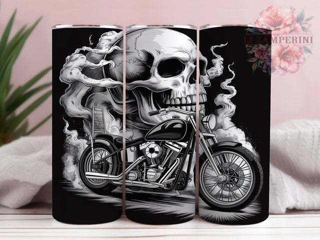 Skull Motorcycle 20oz Tumbler Wrap, Motorcycle Tumbler Design, Black and White Tumbler, Biker Tumbler Sublimation, 20oz Tumbler Wrap, Gothic Skull Tumbler, Rider Tumbler Wrap Sublimation Li Zamperini 