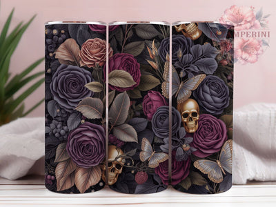 Skull Rose Butterfly Mystical 20oz Tumbler, Golden Skulls, Ornate Butterflies, Mystical Touch, Patterned Wings, 20oz Tumbler Wrap, Sublimation PNG Sublimation Li Zamperini 