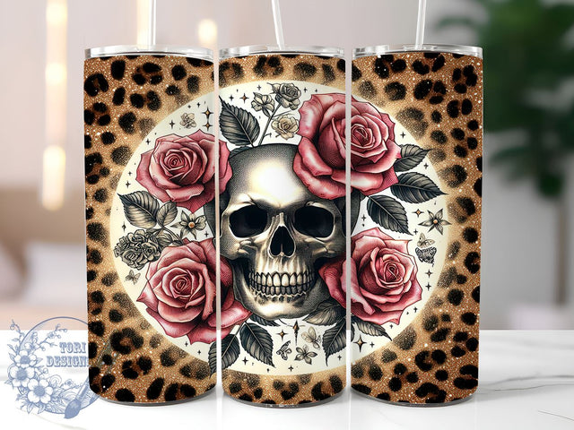 Skull Roses Foil Leopard Bronze Glitter 20oz Skinny Tumbler, Skull Roses Tumbler Png, Straight & Tapered Tumbler Wrap, Instant Digital Download Sublimation ToriDesigns 