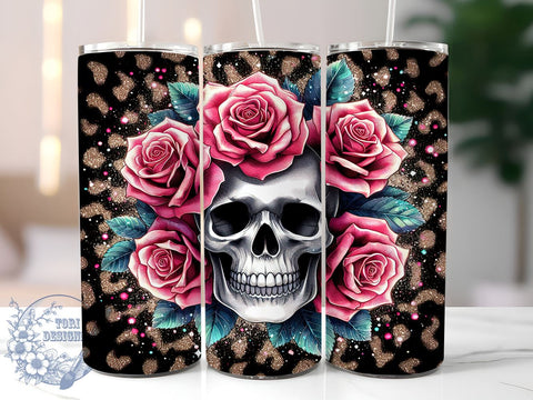 Skull Roses Leopard 20oz Skinny Tumbler, Skull Tumbler Png, Straight & Tapered Tumbler Wrap, Instant Digital Download Sublimation ToriDesigns 