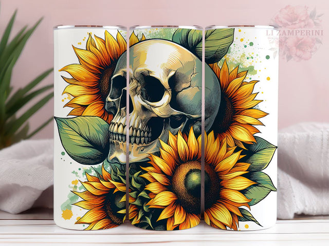 Skull Sunflower 20 Oz Skinny Tumbler Wrap, Skeleton Tumbler Design, Gothic Tumbler PNG, Straight & Tapered Tumbler Wrap, Instant Digital Download Sublimation Li Zamperini 
