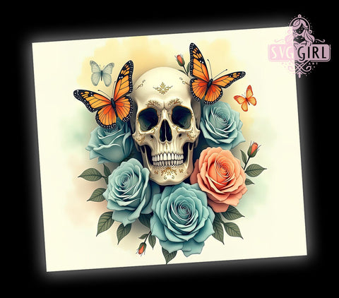 Skull Tumbler, Roses Design, 20oz Sublimation, Gothic Butterflies, Unique Tumbler Wrap, Floral Skull, Custom Drinkware Sublimation SvggirlplusArt 