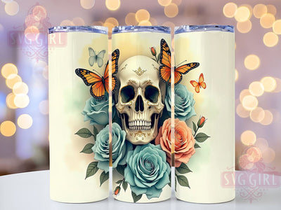 Skull Tumbler, Roses Design, 20oz Sublimation, Gothic Butterflies, Unique Tumbler Wrap, Floral Skull, Custom Drinkware Sublimation SvggirlplusArt 