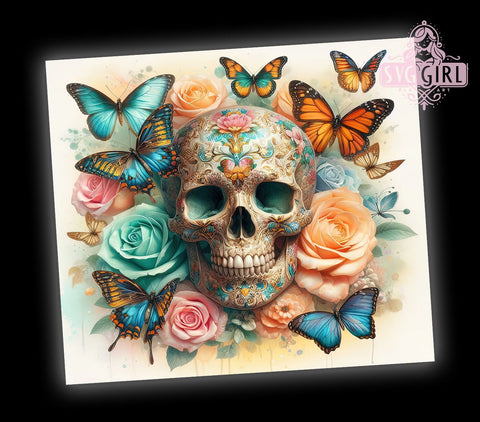 Skull Tumbler, Roses Design, 20oz Sublimation, Gothic Butterflies, Unique Tumbler Wrap, Floral Skull, Custom Drinkware Sublimation SvggirlplusArt 