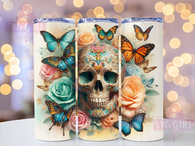 Skull Tumbler, Roses Design, 20oz Sublimation, Gothic Butterflies, Unique Tumbler Wrap, Floral Skull, Custom Drinkware Sublimation SvggirlplusArt 