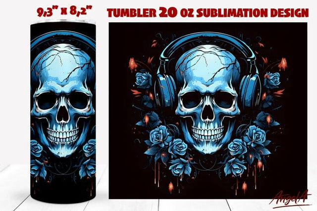 Skull tumbler sublimation wrap / music skull /blue roses png Sublimation Angelina Semenova 