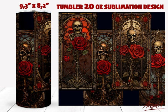 Skull tumbler wrap PNG / Gothic Tarot card / skull flowers Sublimation Angelina Semenova 