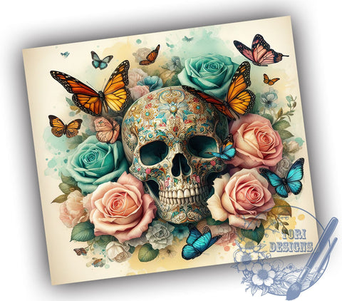 Skull Tumbler Wrap, Roses Skull Design, Gothic Butterflies Tumbler, 20oz Sublimation PNG, Unique Tumbler Wrap, Halloween Drinkware, Edgy Tumbler Design Sublimation ToriDesigns 