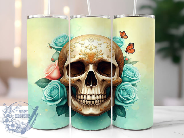 Skull Tumbler Wrap, Roses Skull Design, Gothic Butterflies Tumbler, 20oz Sublimation PNG, Unique Tumbler Wrap, Halloween Drinkware, Edgy Tumbler Design Sublimation ToriDesigns 