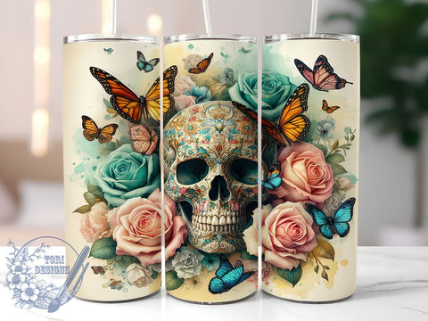 Skull Tumbler Wrap, Roses Skull Design, Gothic Butterflies Tumbler, 20oz Sublimation PNG, Unique Tumbler Wrap, Halloween Drinkware, Edgy Tumbler Design Sublimation ToriDesigns 