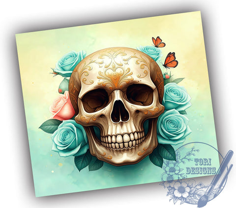 Skull Tumbler Wrap, Roses Skull Design, Gothic Butterflies Tumbler, 20oz Sublimation PNG, Unique Tumbler Wrap, Halloween Drinkware, Edgy Tumbler Design Sublimation ToriDesigns 