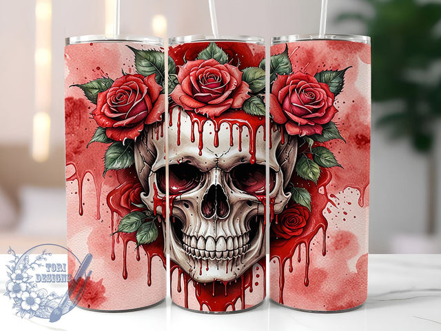 Skull with Roses 20oz Skinny Tumbler, Floral Skeleton Tumbler Png, Straight & Tapered Tumbler Wrap, Instant Digital Download Sublimation ToriDesigns 