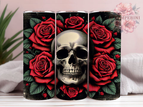 Skull With Roses 20oz Tumbler Wrap PNG, Skull Tumbler PNG Sublimation Design, Straight & Tapered Tumbler Wrap, Instant Digital Download Sublimation Li Zamperini 