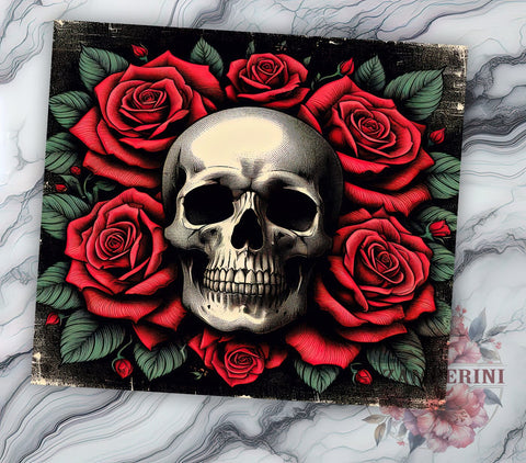 Skull With Roses 20oz Tumbler Wrap PNG, Skull Tumbler PNG Sublimation Design, Straight & Tapered Tumbler Wrap, Instant Digital Download Sublimation Li Zamperini 