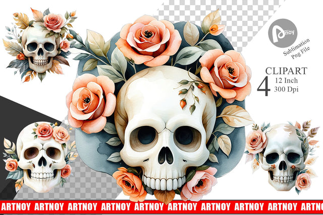 Skull with Roses Watercolor Floral Clipart Sublimation artnoy 