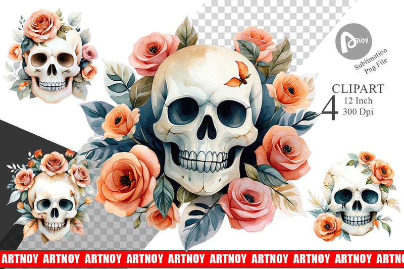 Skull with Roses Watercolor Floral Clipart Sublimation artnoy 