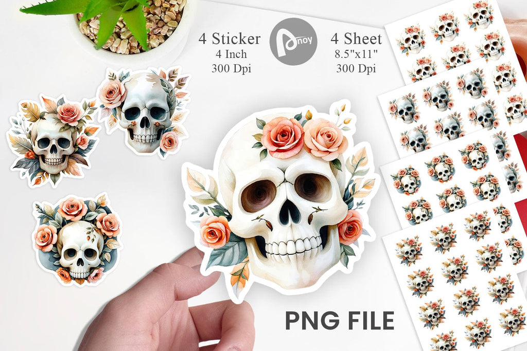 Skull with Roses Watercolor Floral Sticker - So Fontsy