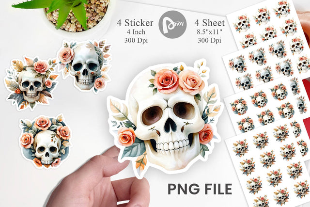 Skull with Roses Watercolor Floral Sticker Sublimation artnoy 