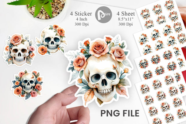 Skull with Roses Watercolor Floral Sticker Sublimation artnoy 