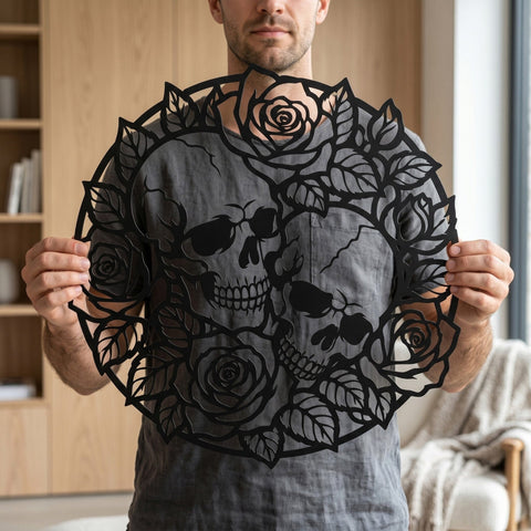 Skulls and Roses Laser SVG | Gothic Floral Skull DXF | Plasma CNC Metal Wall Art File | Laser Cut Rose Skull Design | Svg Png Eps Dxf SVG HappyDesignStudio 