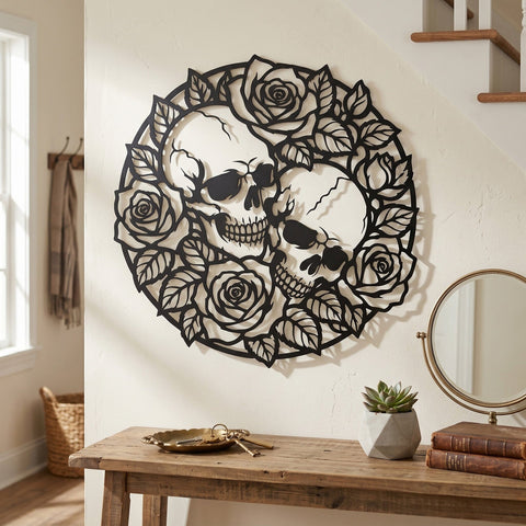 Skulls and Roses Laser SVG | Gothic Floral Skull DXF | Plasma CNC Metal Wall Art File | Laser Cut Rose Skull Design | Svg Png Eps Dxf SVG HappyDesignStudio 