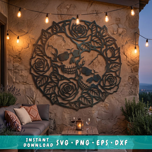 Skulls and Roses Laser SVG | Gothic Floral Skull DXF | Plasma CNC Metal Wall Art File | Laser Cut Rose Skull Design | Svg Png Eps Dxf SVG HappyDesignStudio 