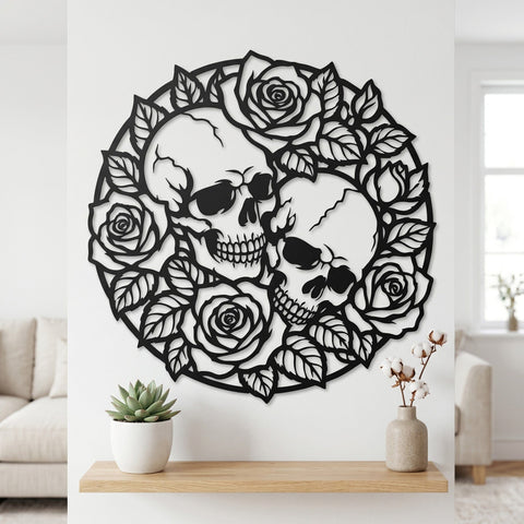 Skulls and Roses Laser SVG | Gothic Floral Skull DXF | Plasma CNC Metal Wall Art File | Laser Cut Rose Skull Design | Svg Png Eps Dxf SVG HappyDesignStudio 