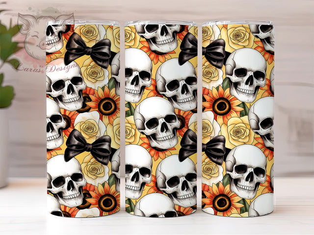 Skulls Pumpkins Sunflower Fall Tumbler, Floral Sunflower Cup Wrap, 20Oz Sublimation Design, Spooky Fall Coffee Mug, Rustic Autumn Drinkware, Halloween Floral Gift, Harvest Season Tumbler Sublimation Lara' s Designs 