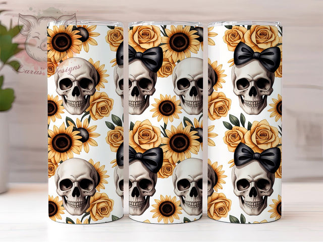 Skulls Pumpkins Sunflower Fall Tumbler, Floral Sunflower Cup Wrap, 20Oz Sublimation Design, Spooky Fall Coffee Mug, Rustic Autumn Drinkware, Halloween Floral Gift, Harvest Season Tumbler Sublimation Lara' s Designs 