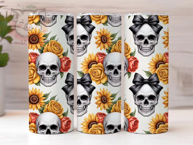 Skulls Pumpkins Sunflower Fall Tumbler, Floral Sunflower Cup Wrap, 20Oz Sublimation Design, Spooky Fall Coffee Mug, Rustic Autumn Drinkware, Halloween Floral Gift, Harvest Season Tumbler Sublimation Lara' s Designs 