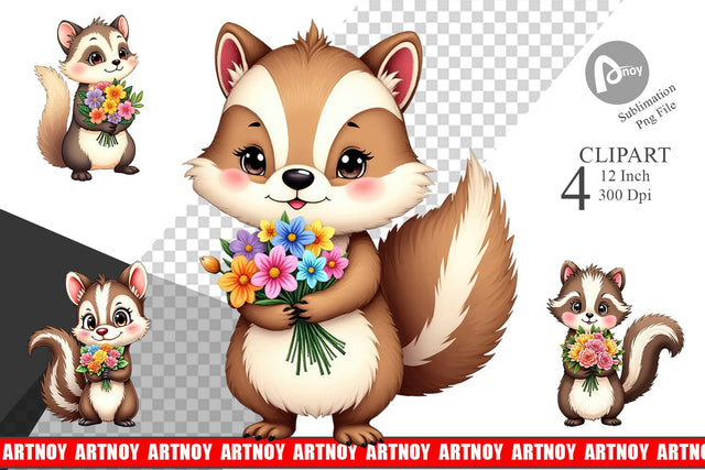 Skunk Spring Bouquet Clipart Sublimation artnoy 