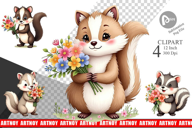Skunk Spring Bouquet Clipart Sublimation artnoy 