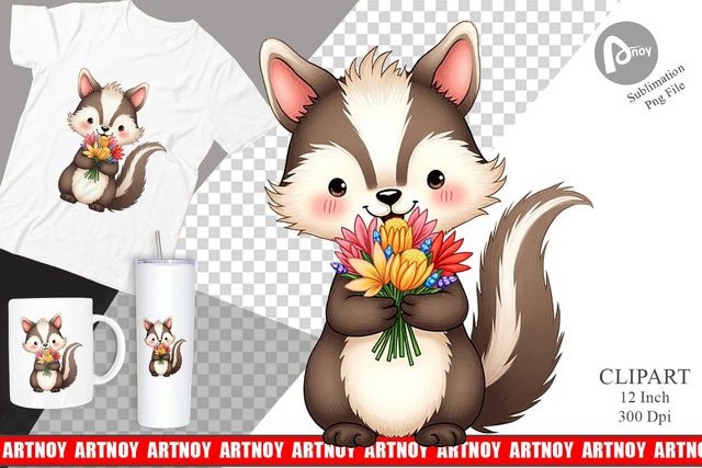 Skunk Spring Bouquet Clipart Sublimation artnoy 