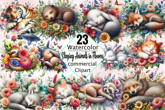 Sleeping Animals in Flowers PNG Bundles Sublimation SVGArt 