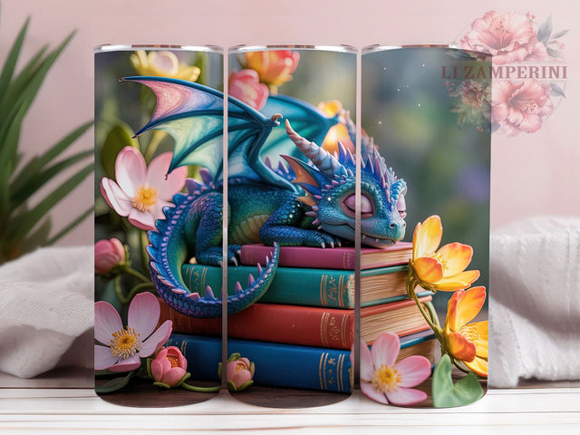 Sleeping Book Dragon Tumbler, Fantasy Book Lover Wrap, Mythical Dragon Cup, 20oz Sublimation Wrap, Stylish Fantasy Design Tumbler, Artistic Dragon Library Cup, Whimsical Reading Dragon Theme Wrap Sublimation Li Zamperini 