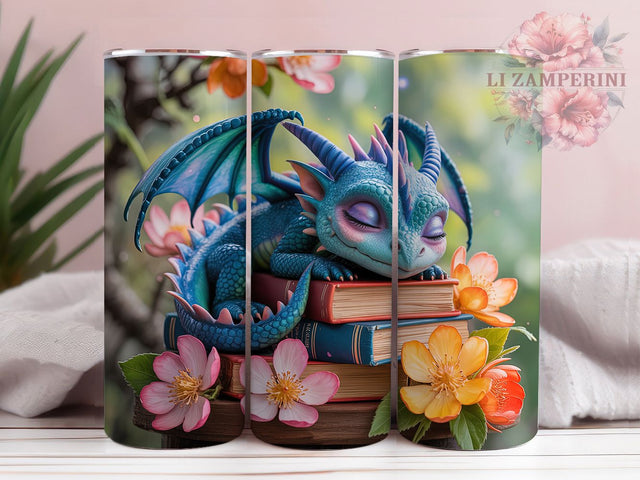 Sleeping Book Dragon Tumbler, Fantasy Book Lover Wrap, Mythical Dragon Cup, 20oz Sublimation Wrap, Stylish Fantasy Design Tumbler, Artistic Dragon Library Cup, Whimsical Reading Dragon Theme Wrap Sublimation Li Zamperini 