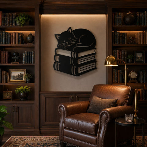 Sleeping Cat on Books Laser SVG | Cat Lover Laser Cut File | Book Lover Metal Wall Art DXF | CNC Plasma Cut Svg | Library Decor SVG HappyDesignStudio 