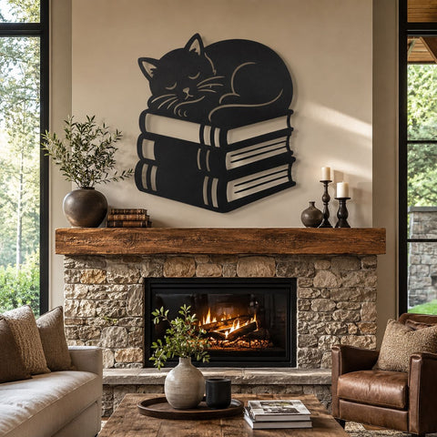Sleeping Cat on Books Laser SVG | Cat Lover Laser Cut File | Book Lover Metal Wall Art DXF | CNC Plasma Cut Svg | Library Decor SVG HappyDesignStudio 