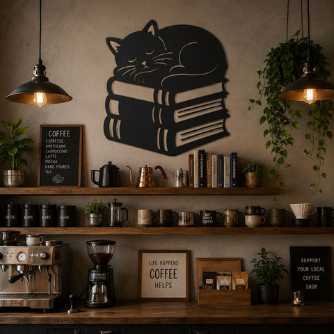 Sleeping Cat on Books Laser SVG | Cat Lover Laser Cut File | Book Lover Metal Wall Art DXF | CNC Plasma Cut Svg | Library Decor SVG HappyDesignStudio 