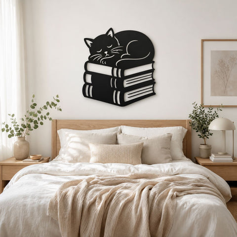 Sleeping Cat on Books Laser SVG | Cat Lover Laser Cut File | Book Lover Metal Wall Art DXF | CNC Plasma Cut Svg | Library Decor SVG HappyDesignStudio 