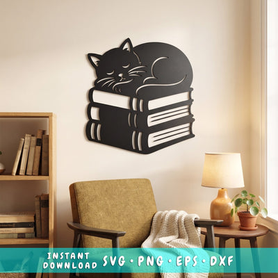 Sleeping Cat on Books Laser SVG | Cat Lover Laser Cut File | Book Lover Metal Wall Art DXF | CNC Plasma Cut Svg | Library Decor SVG HappyDesignStudio 