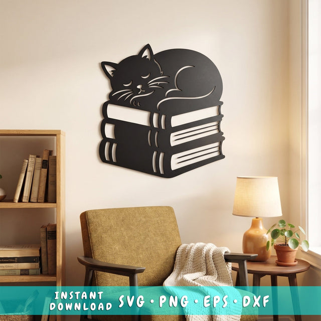 Sleeping Cat on Books Laser SVG | Cat Lover Laser Cut File | Book Lover Metal Wall Art DXF | CNC Plasma Cut Svg | Library Decor SVG HappyDesignStudio 