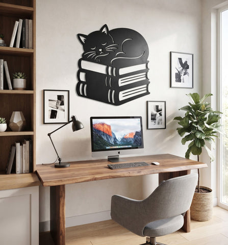 Sleeping Cat on Books Laser SVG | Cat Lover Laser Cut File | Book Lover Metal Wall Art DXF | CNC Plasma Cut Svg | Library Decor SVG HappyDesignStudio 